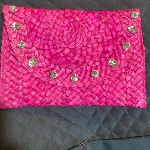 Nina Pink Woven Clutch with Gem Accents